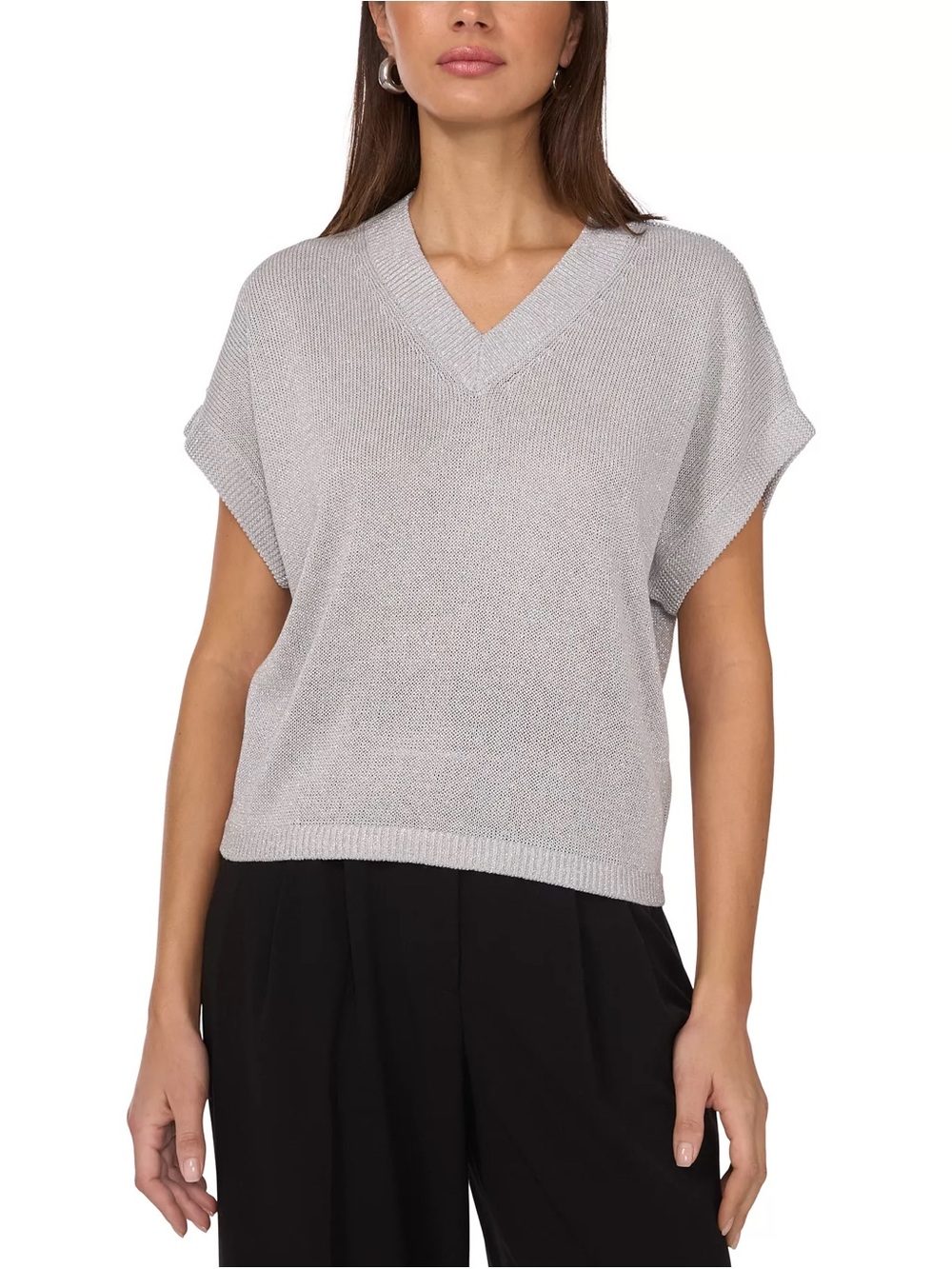 VINCE CAMUTO NWT M V-Neck Shine Short Sleeve Sweater Ash Blue Silver Metallic